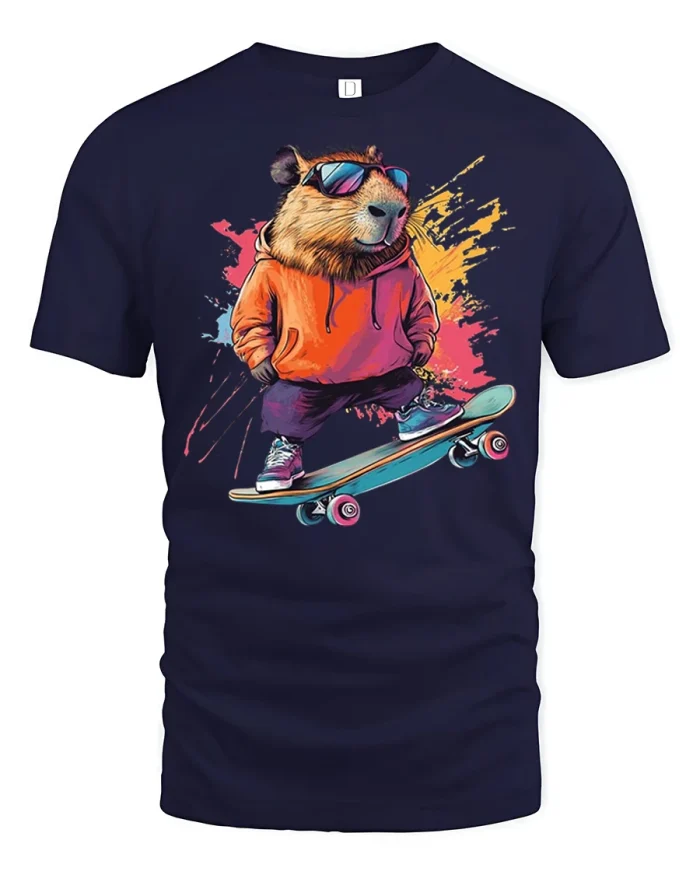 Cool Capybara Skateboard Graphic T Shirt Funny Animal Tee - navy t-shirt on white background