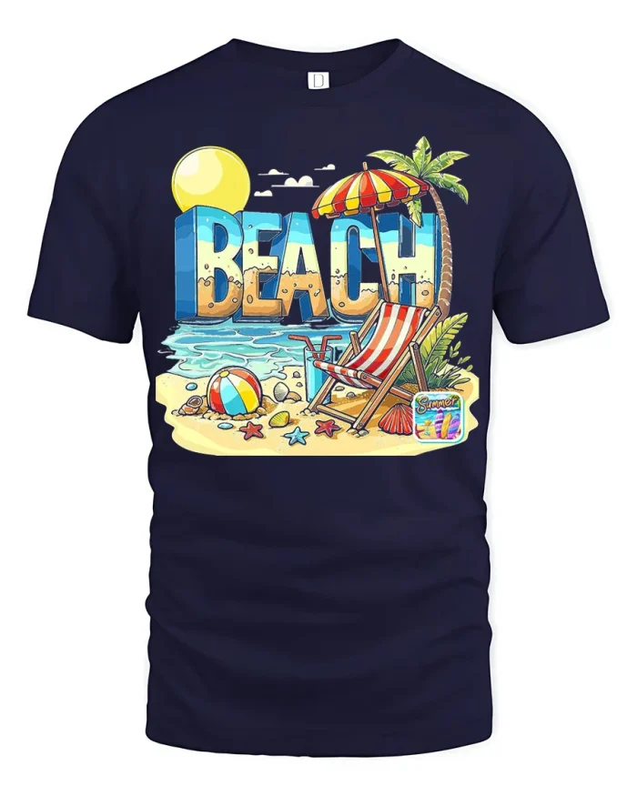 Beach Vacation Graphic T Shirt Summer Ocean Holiday Trip Tee - navy t-shirt on white background