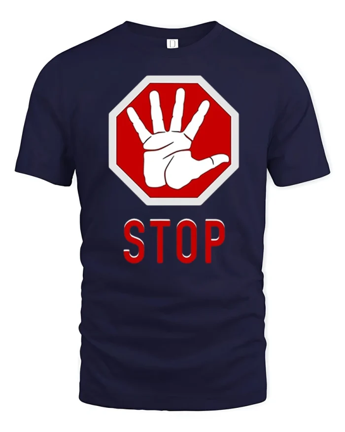 Stop Hand Sign Graphic T Shirt Funny Warning Symbol Tee - navy t-shirt on white background