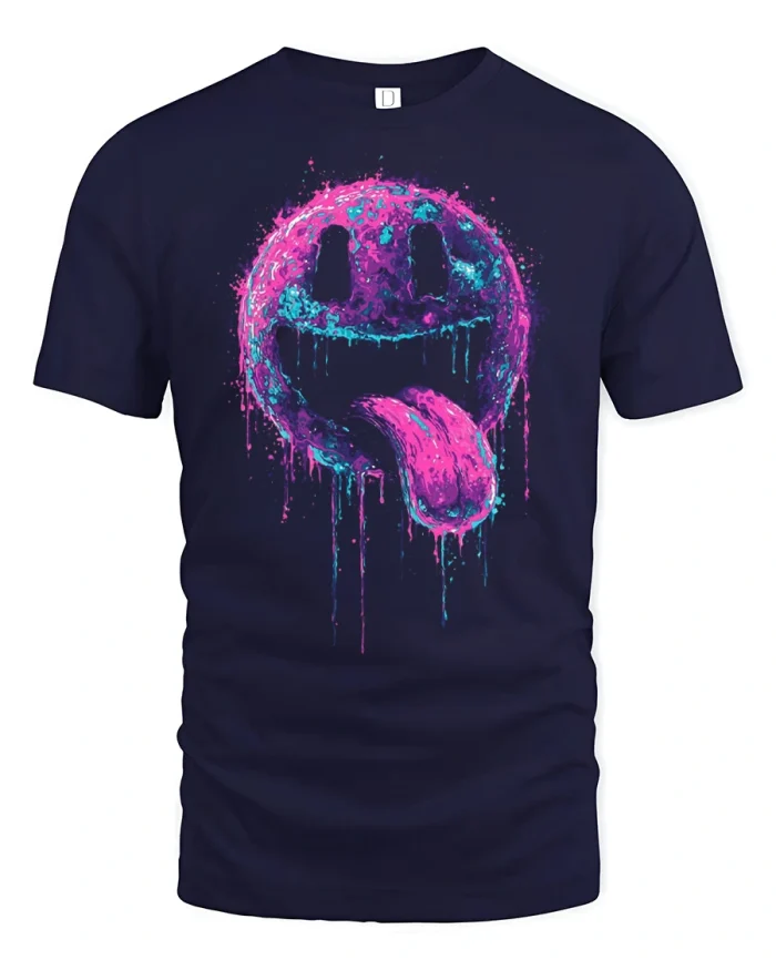 Colorful Smile Face Graphic T Shirt Neon Paint Splash Tee - navy t-shirt on white background