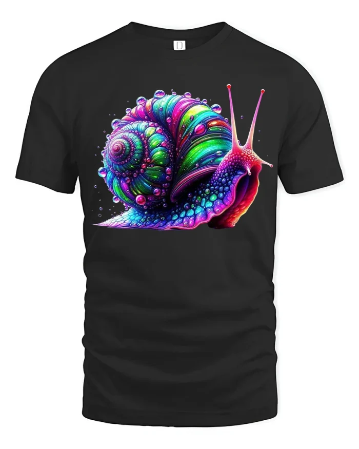Colorful Psychedelic Snail Graphic T Shirt Trippy Art Tee - black t-shirt on white background