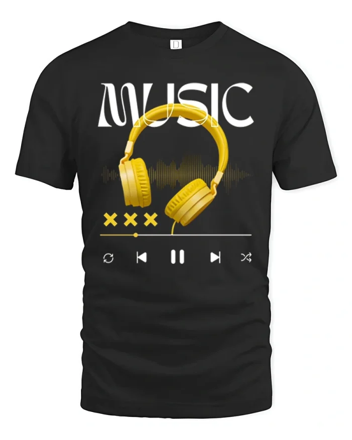 Music Headphones Graphic T Shirt Retro Audio Player Tee - black t-shirt on white background