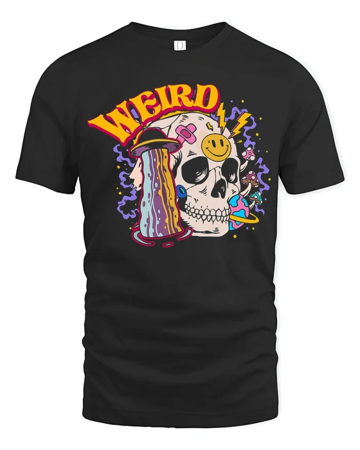 Weird Skull Graphic T Shirt Psychedelic UFO Cartoon Tee - black t-shirt on white background