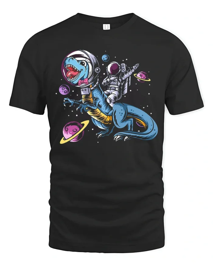 Astronaut Riding Dinosaur Graphic T Shirt Funny Space Tee - black t-shirt on white background