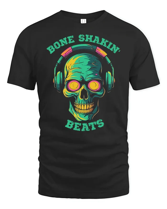 Bone Shakin Beats Skull Headphones Graphic T Shirt Music Tee - black t-shirt on white background