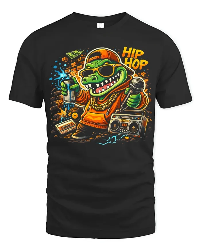 Hip Hop Crocodile Graphic T Shirt Funny Rapper Cartoon Tee - black t-shirt on white background