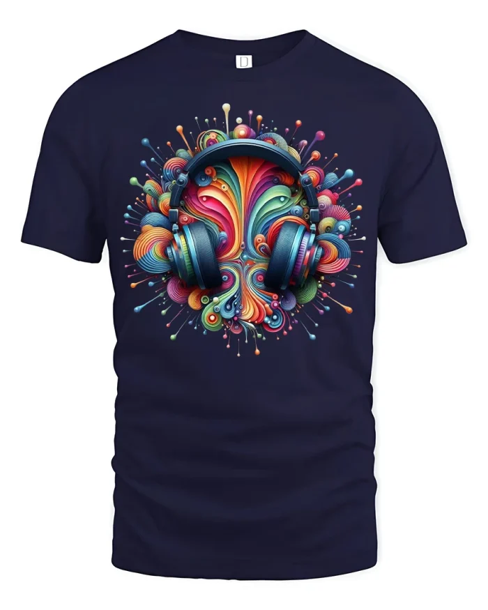 Colorful Headphones Psychedelic Music Graphic T Shirt Art Tee - navy t-shirt on white background