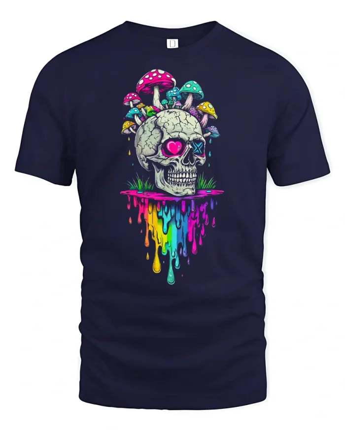 Psychedelic Skull Mushroom Graphic T Shirt Color Drip Art Tee - navy t-shirt on white background