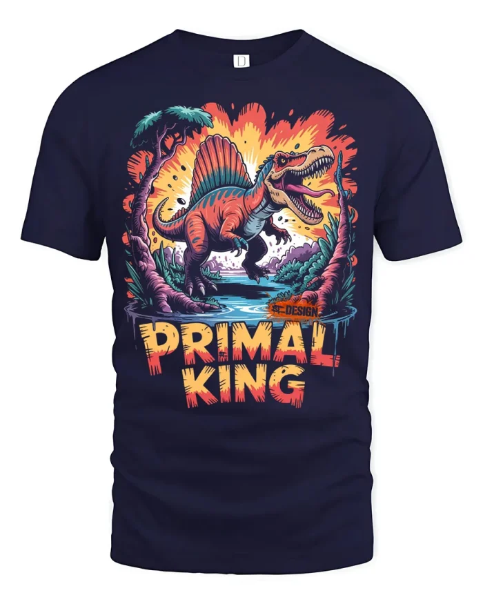 Primal King Spinosaurus Dinosaur Graphic T Shirt Retro Art Tee - navy t-shirt on white background