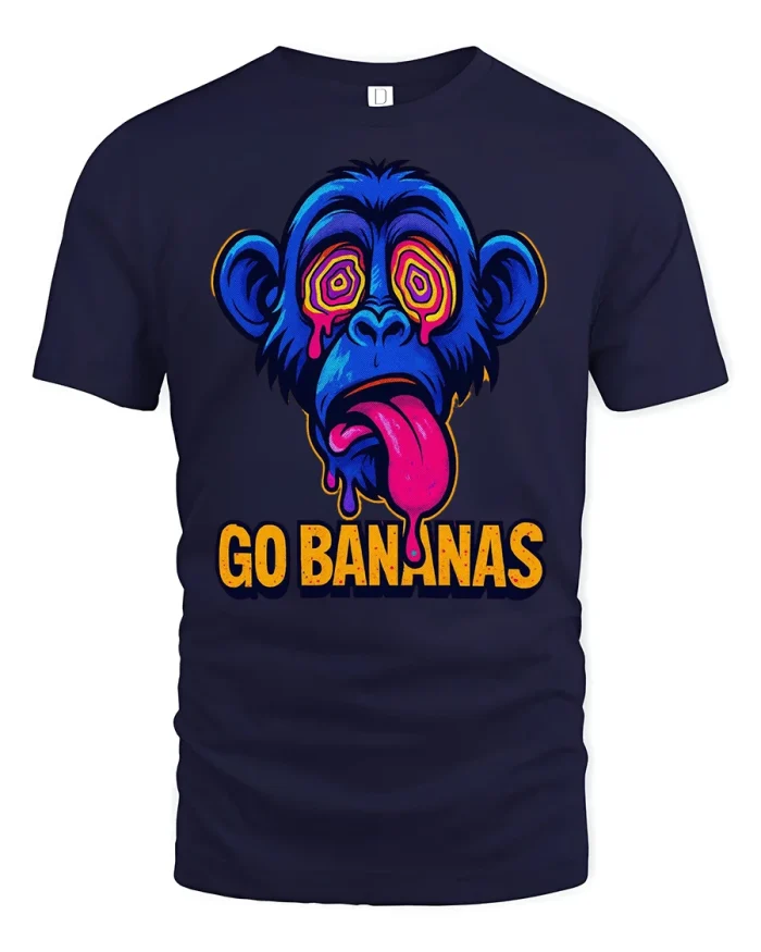 Go Bananas Funny Monkey Graphic T Shirt Psychedelic Art Tee - navy t-shirt on white background
