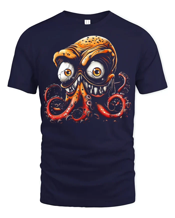Funny Crazy Octopus Monster Graphic T Shirt Cartoon Sea Tee - navy t-shirt on white background