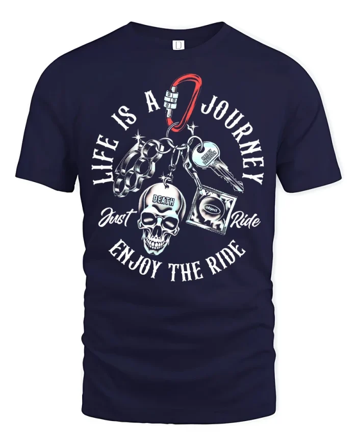 Life Is A Journey Skull Keys Graphic T Shirt Biker Style Tee - navy t-shirt on white background
