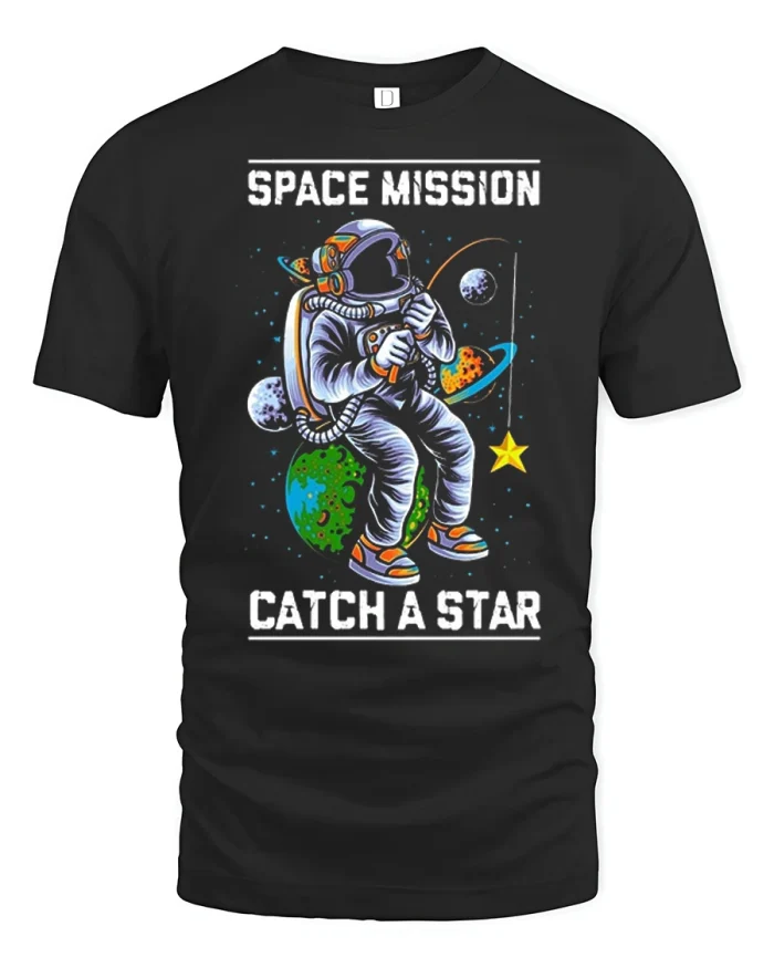 Space Mission Catch A Star Astronaut Graphic T Shirt Fun Tee - black t-shirt on white background