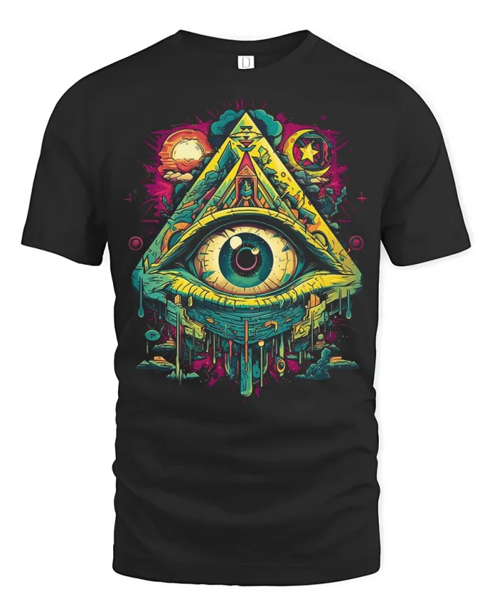 All Seeing Eye Pyramid Graphic T Shirt Psychedelic Cosmic Vibes - black t-shirt on white background