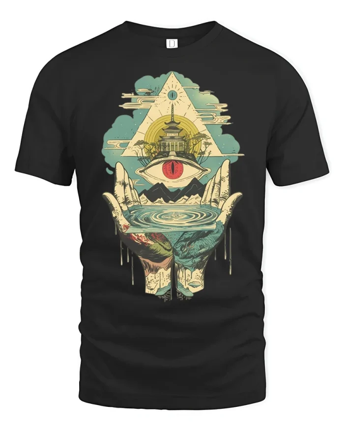 Mystic All Seeing Eye Hands Graphic T Shirt Sacred Vision Art Style - black t-shirt on white background