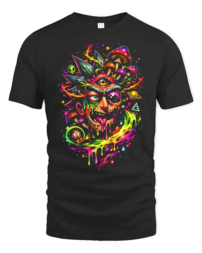 Trippy Psychedelic Alien Mushroom Graphic T Shirt Color Art - black t-shirt on white background