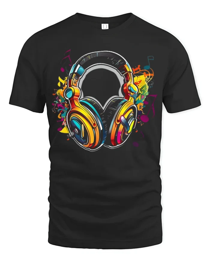 Color Splash Headphones Music Lover Graphic T Shirt Vibes - black t-shirt on white background