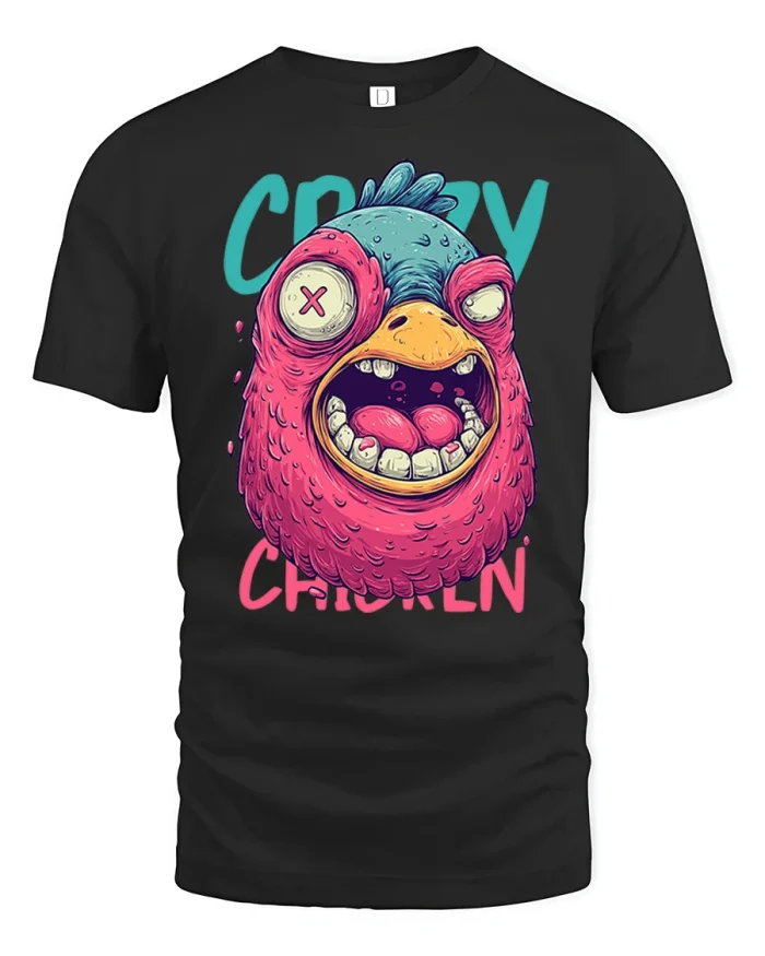 Crazy Chicken Cartoon Funny Graphic T Shirt Cool Animal Tee - black t-shirt on white background