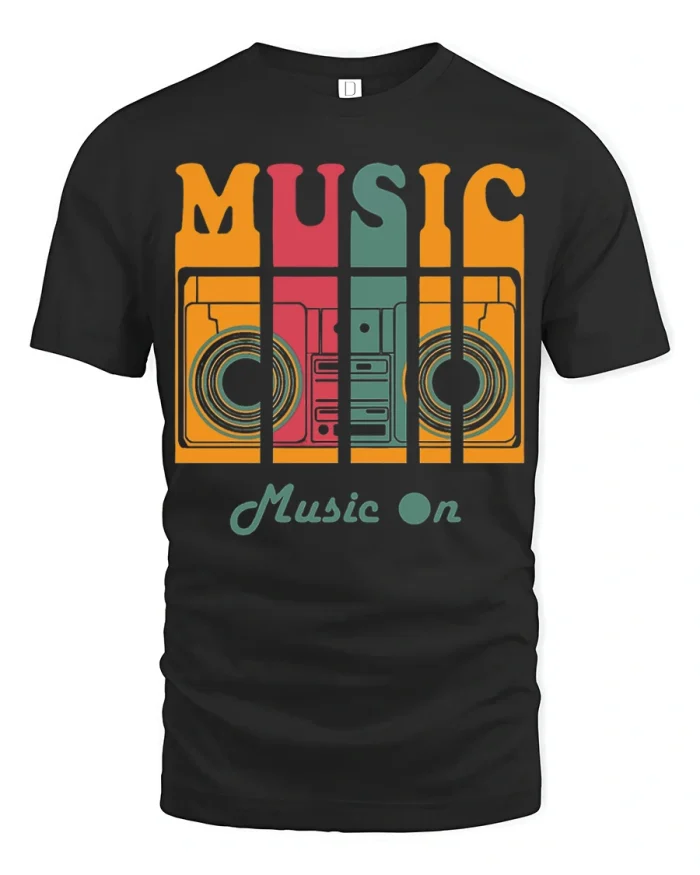 Retro Music On Graphic T Shirt Vintage Sound System Style - black t-shirt on white background