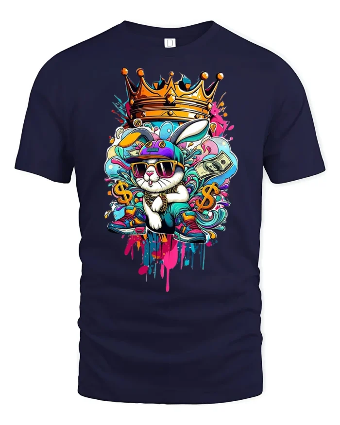 Cool Bunny King Money Graphic T Shirt Street Art Style Tee - navy t-shirt on white background