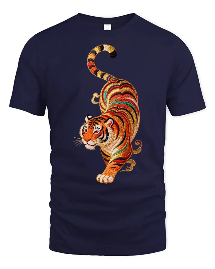 Colorful Tiger Graphic T Shirt Artistic Animal Style Tee - navy t-shirt on white background