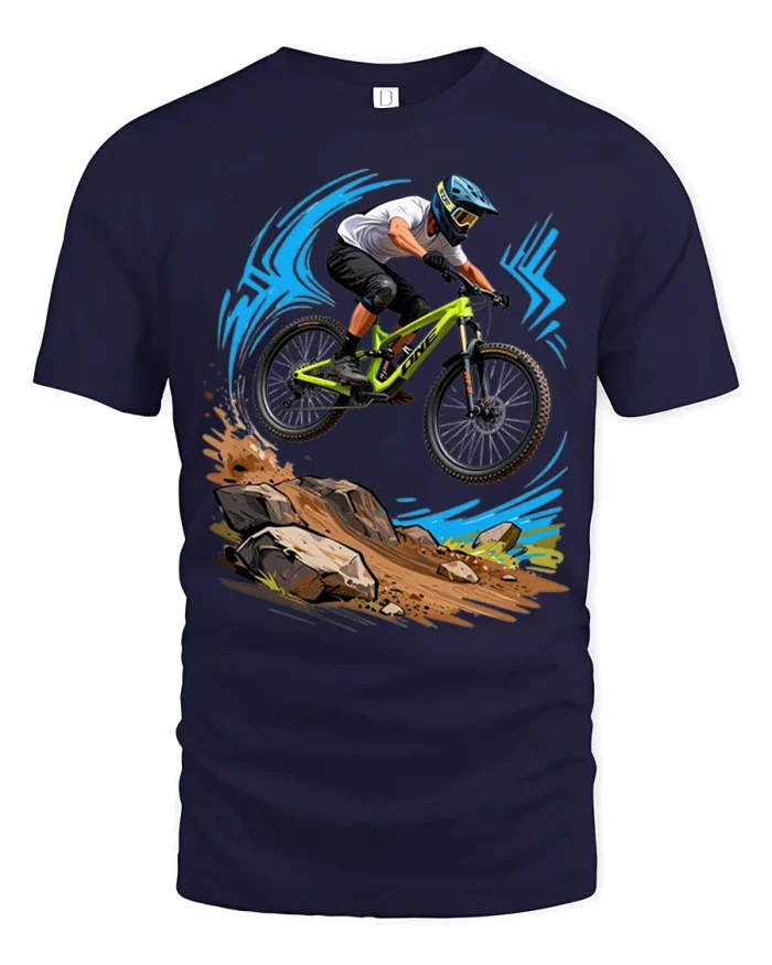 Mountain Bike Jump Graphic T Shirt Extreme Cycling Style Tee - navy t-shirt on white background