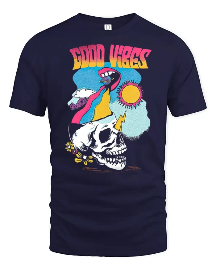 Good Vibes Skull Graphic T Shirt Retro Psychedelic Art Tee - navy t-shirt on white background