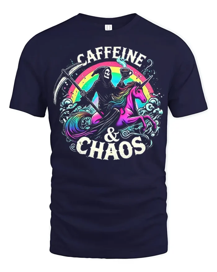 Caffeine and Chaos Unicorn Grim Reaper Graphic T Shirt Tee - navy t-shirt on white background