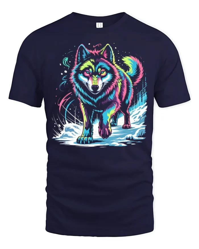 Neon Colorful Wolf Graphic T Shirt Retro Animal Art Tee - navy t-shirt on white background