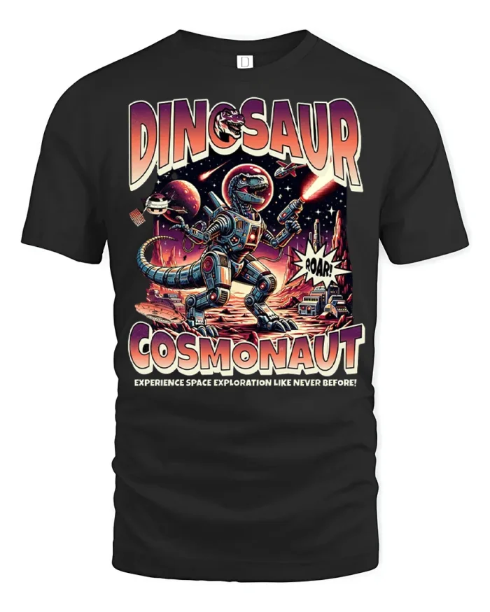 Dinosaur Cosmonaut Space Graphic Tee Funny Dino Astronaut Tshirt - black t-shirt on white background