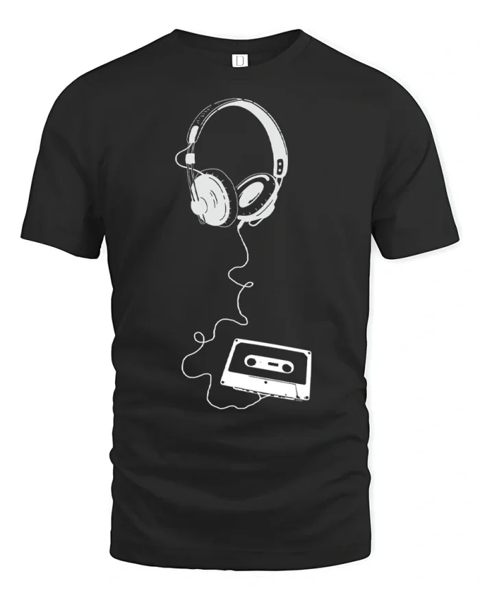 Vintage Cassette Headphones Graphic Tee Retro Music Tshirt - black t-shirt on white background