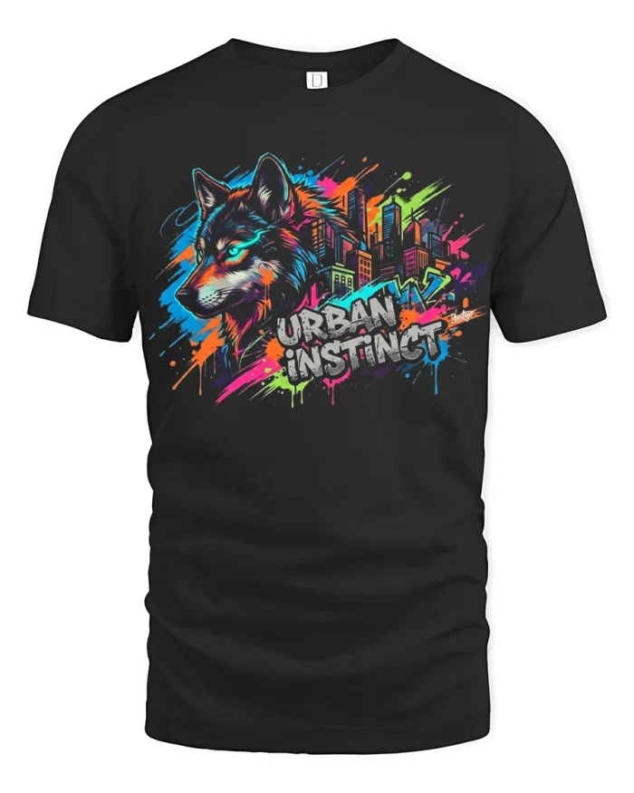 Urban Instinct Wolf City Graffiti Graphic Tee Street Art Tshirt - black t-shirt on white background