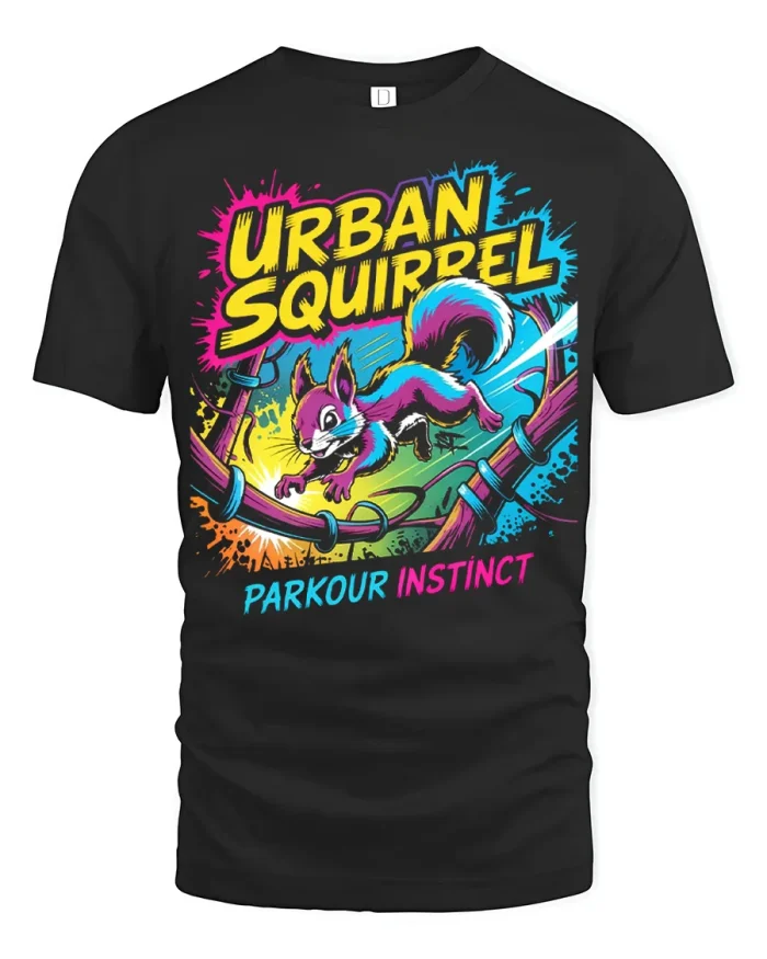 Urban Squirrel Parkour Instinct Graphic Tee Funny Animal Tshirt - black t-shirt on white background