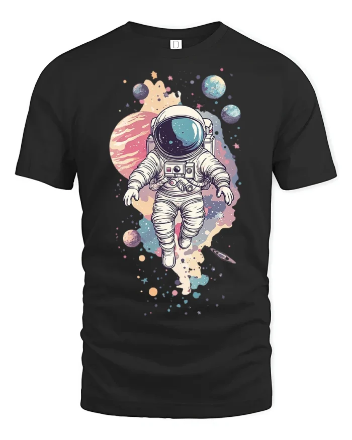 Floating Astronaut Space Galaxy Graphic Tee Cool Space Tshirt - black t-shirt on white background