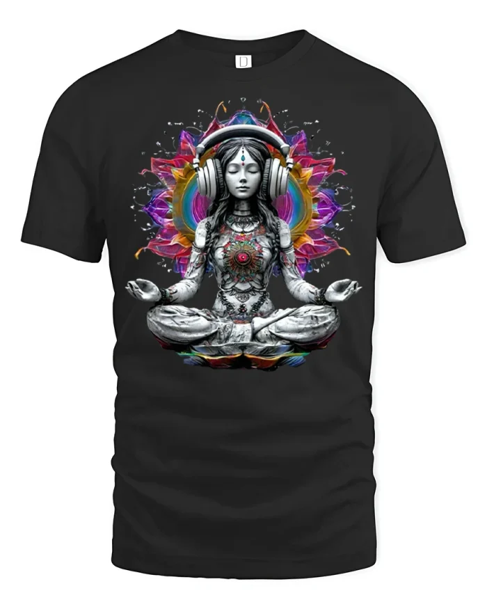 Meditation Music Goddess Graphic Tee Spiritual Headphones Tshirt - black t-shirt on white background