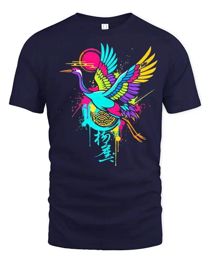 Colorful Flying Crane Graphic Tee Japanese Art Style Tshirt - navy t-shirt on white background