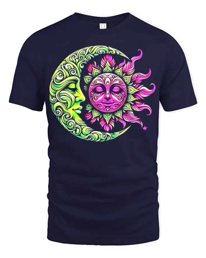 Sun Moon Celestial Graphic Tee Colorful Cosmic Art Tshirt - navy t-shirt on white background