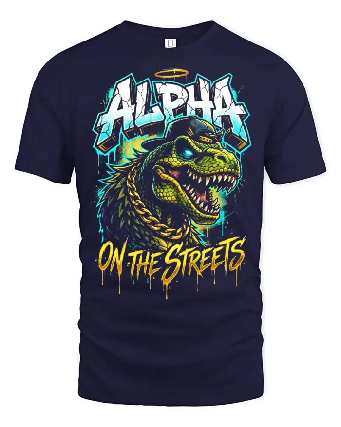 Alpha On The Streets Dinosaur Graphic Tee Streetwear Tshirt - navy t-shirt on white background
