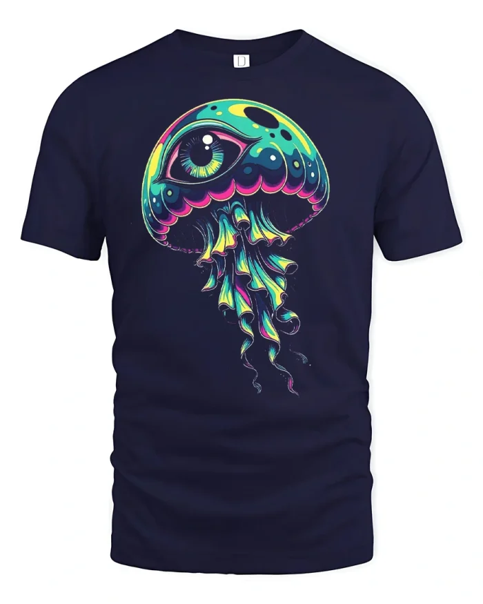 Psychedelic Jellyfish Eye Graphic Tee Colorful Trippy Tshirt - navy t-shirt on white background
