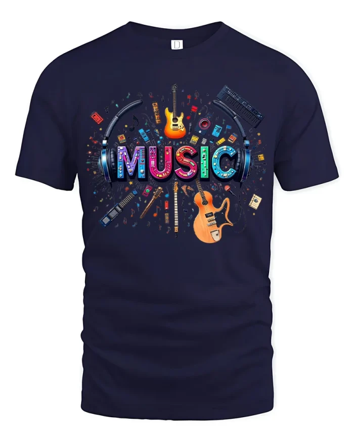 Music Instruments Graphic Tee Colorful Music Lover Tshirt - navy t-shirt on white background