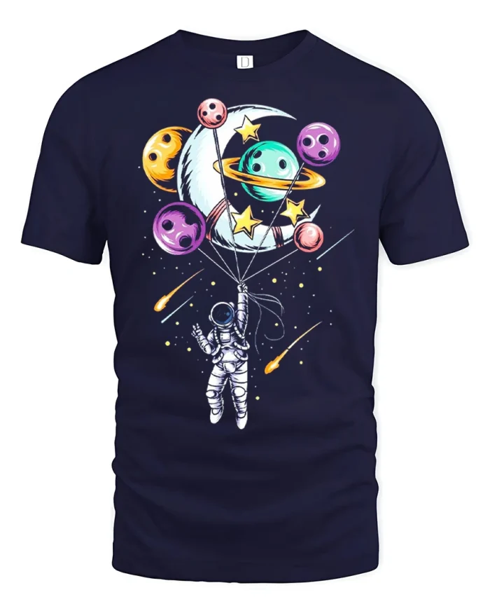 Astronaut Balloon Planets Graphic Tee Cute Space Tshirt - navy t-shirt on white background