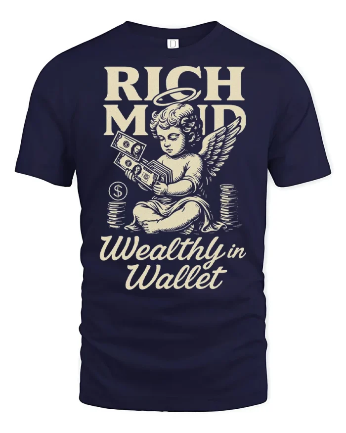 Rich Mind Wealthy Wallet Angel Money Graphic Tee Tshirt - navy t-shirt on white background