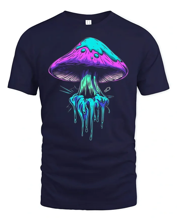Neon Dripping Mushroom Graphic Tee Psychedelic Art Tshirt - navy t-shirt on white background