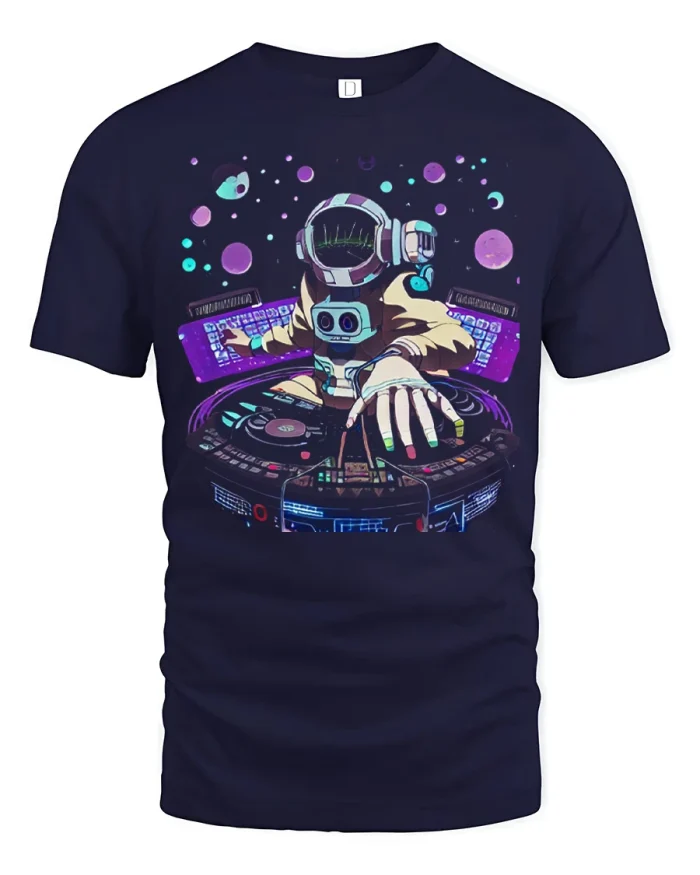 Astronaut DJ Mixing Music Graphic Tee Space Music Tshirt - navy t-shirt on white background