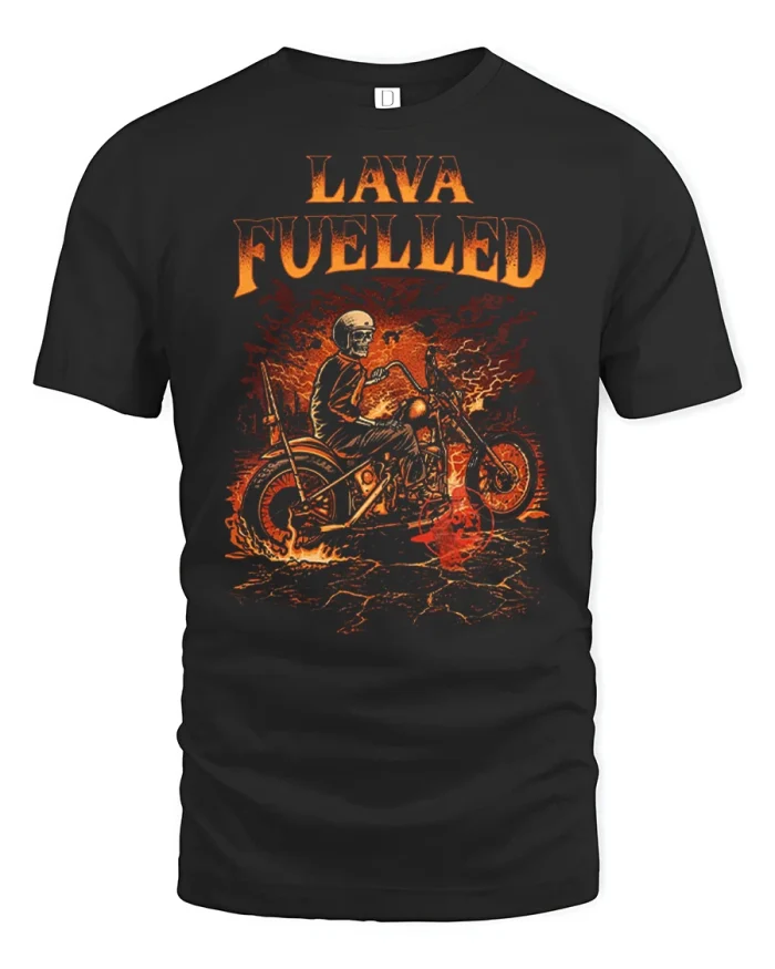 Lava Fuelled Skeleton Biker Graphic Tee Motorcycle Tshirt - black t-shirt on white background