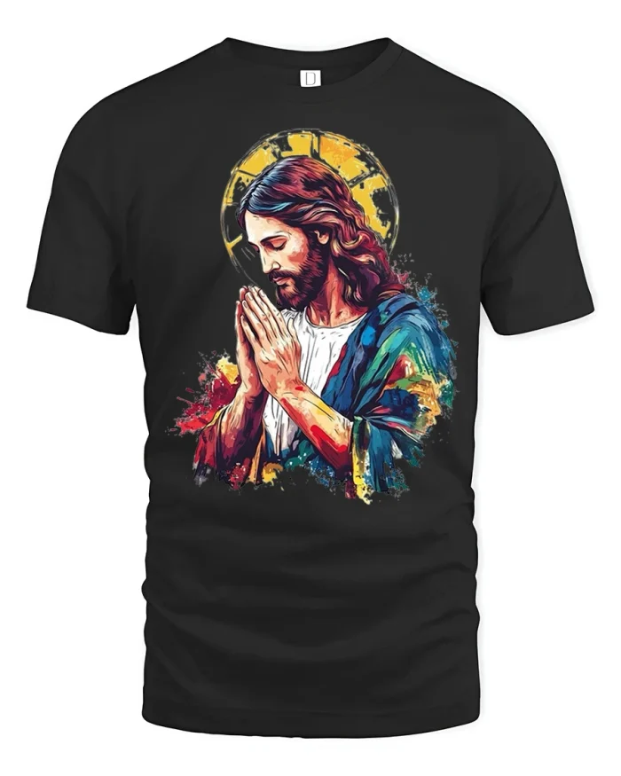 Praying Jesus Christ Faith Graphic Tee Christian Art Tshirt - black t-shirt on white background