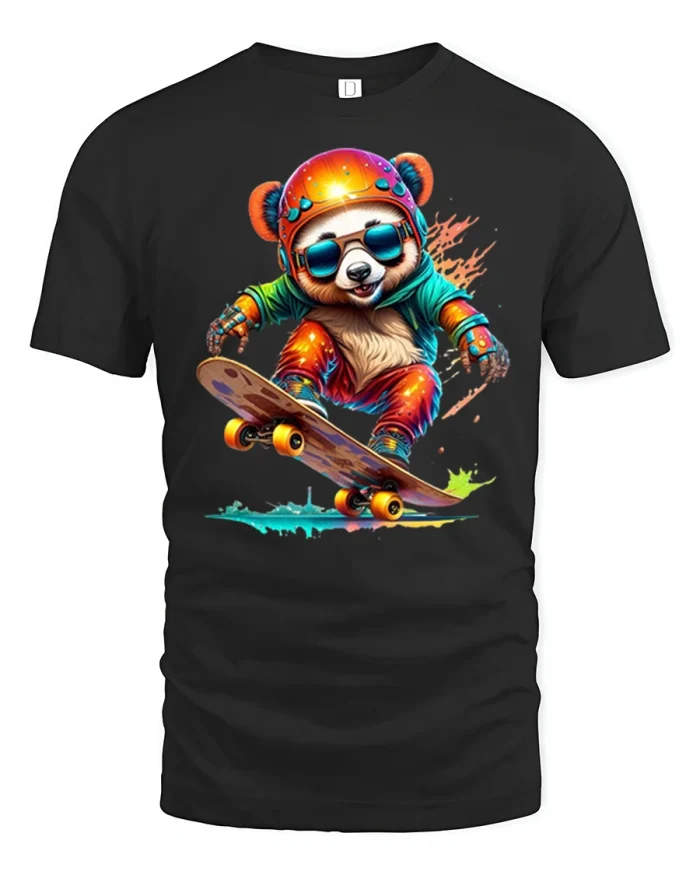 Cool Skateboarding Panda Graphic Tee Streetwear Panda Tshirt - black t-shirt on white background