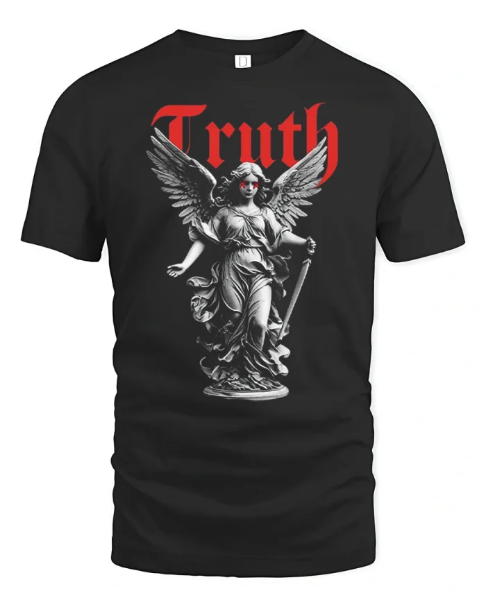 Truth Angel Statue Graphic Tee Gothic Angel Art Tshirt - black t-shirt on white background