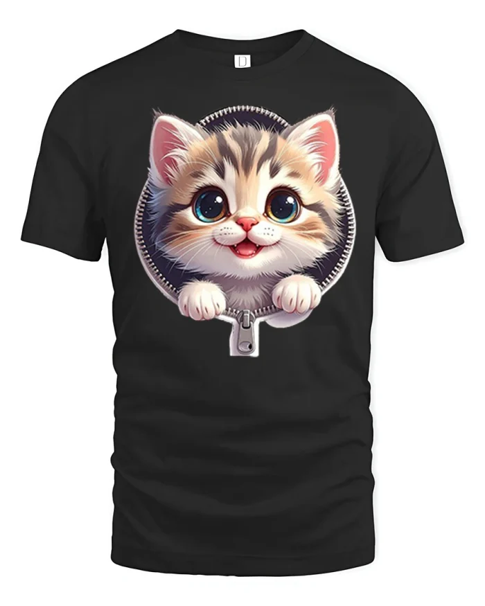Cute Kitten In Zipper Graphic Tee Funny Cat Tshirt - black t-shirt on white background