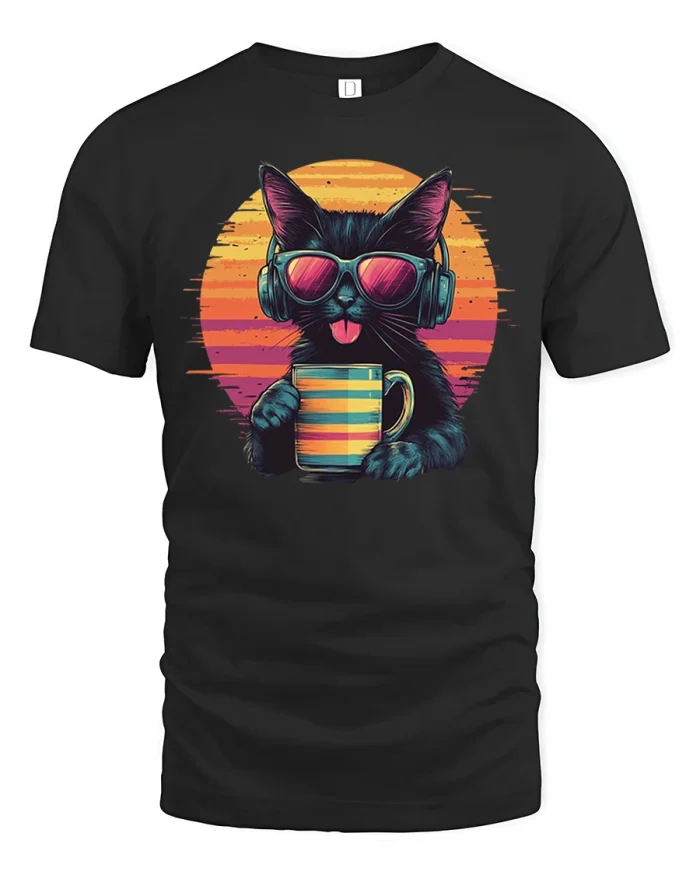 Cool Cat Coffee Graphic Tee Funny Cat Lover Tshirt - black t-shirt on white background